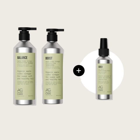 Offre AG Care : shampooing Balance, revitalisant Balance et produit gratuit, visible dans l'image.