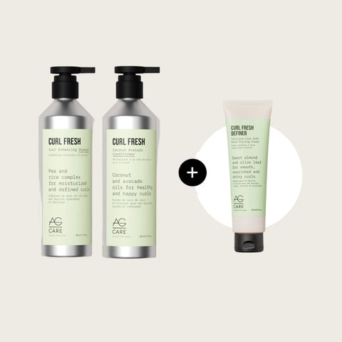 Offre AG Care : shampooing et revitalisant Curl Fresh pour cheveux bouclés, avec produit gratuit inclus.