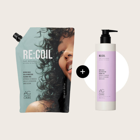 Offre AG Care : 1x Re Coil 709 ml avec 1x format 355 ml gratuite, produits capillaires pour cheveux bouclés et ondulés.