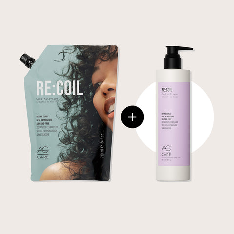 Offre AG Care avec recharge Re Coil 709 ml et bouteille Re Coil 355 ml gratuite, produits capillaires pour cheveux.