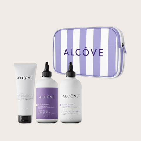 Ensemble routine hydratante Capilles Alcôve, produits capillaires pour cheveux hydratés et soyeux, image de flacons et emballages.
