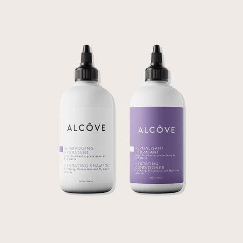 Offre Alcôve avec shampooing et revitalisant 300 ml chacun, produits capillaires pour cheveux sains et brillants.