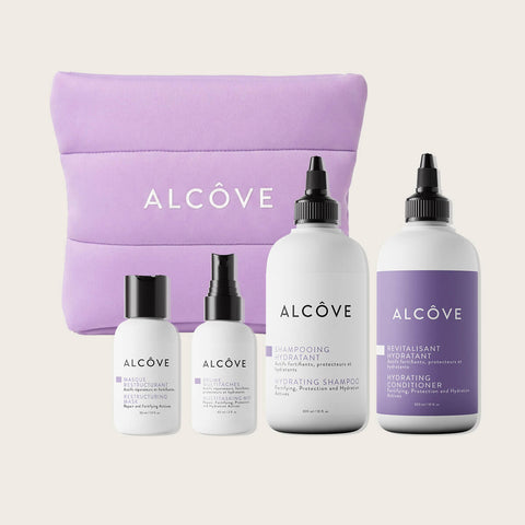 Coffret de fêtes ALCÔVE Routine Hydratant pour cheveux avec produits capillaires hydratants et soin capillaire complet.