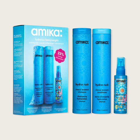Trousse de printemps Hydro Rush d'Amika pour cheveux, contenant des produits hydratants pour un soin capillaire revitalisant