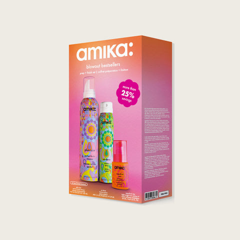 Trio de printemps stylisants pour cheveux de la marque Amika, comprenant trois produits pour la coiffure.