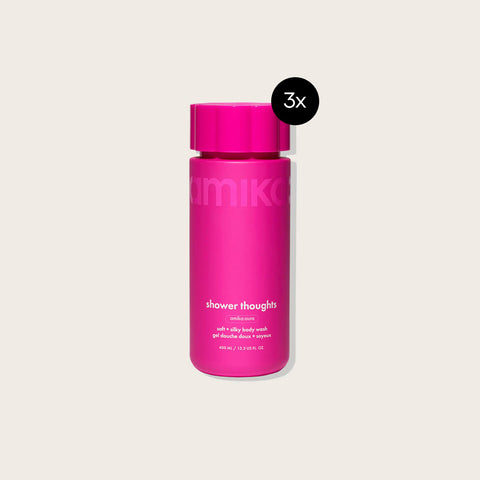 Gel douche Amika Thoughts Soft en promotion, image montrant la bouteille avec étiquette colorée et design élégant