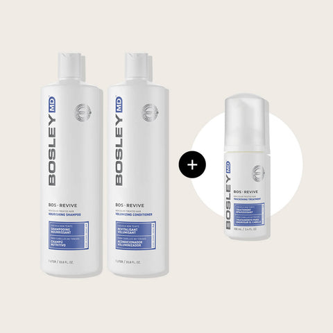 Offre Bosley avec shampooing Bosrevive bleu, revitalisant et traitement gratuit pour cheveux sains et revitalisés.