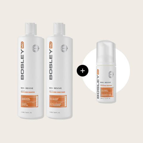 Offre Bosley avec shampoing, revitalisant Bosrevive orange et traitement gratuit pour cheveux sains et revitalisés.
