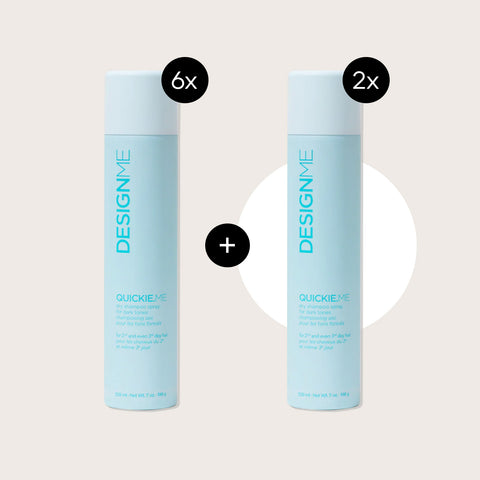 Offre de 6 shampoings secs brun avec 2 gratuits de la marque Design.Me, packaging de shampooing sec brun Quickie.Me.