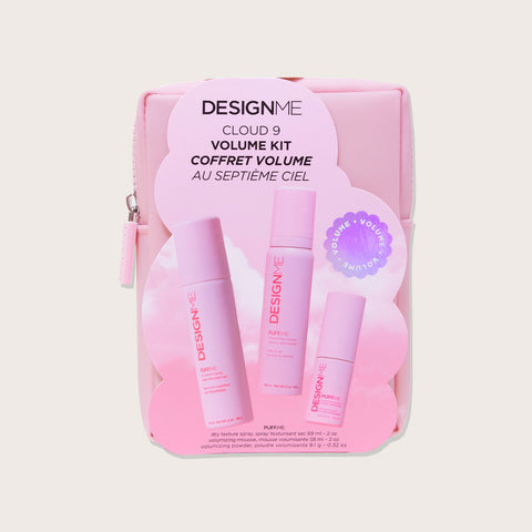 Kit coiffant Design.Me Puff.ME Cloud Nine pour cheveux, comprenant des produits pour styliser et donner du volume, en format promotionnel.