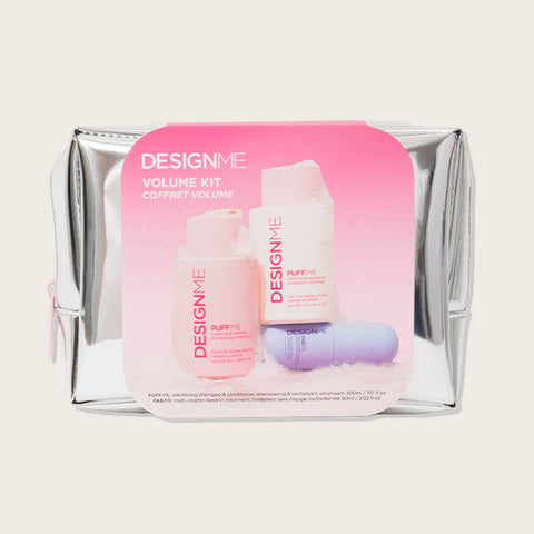 Coffret fête DESIGN.ME PUFF.ME signature pour cheveux, comprenant des produits coiffants volumateurs et texturisants.