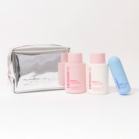 Coffret de fêtes DESIGN.ME PUFF.ME signature pour cheveux, contenant des produits coiffants dans un emballage élégant.