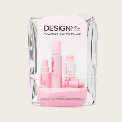 Coffret de soins capillaires DESIGN.ME PUFF.ME pour cheveux, contenant des produits pour le volume et la texture, présenté dans un coffret.