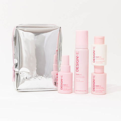 Coffret de fêtes DESIGN.ME PUFF.ME pour cheveux, contenant des produits capillaires dans un emballage élégant.