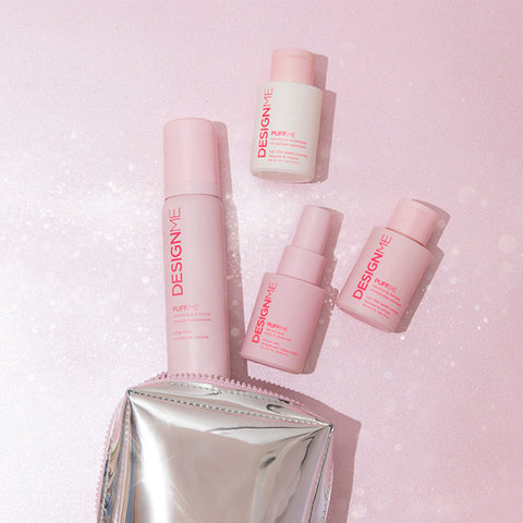 Coffret de fêtes pour cheveux Design.Me PUFF.ME avec produits pour volumiser et styliser, présenté dans un coffret élégant.