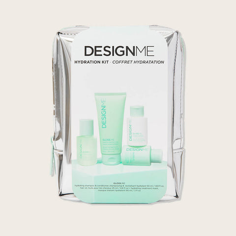 Coffret GLOSS.ME de DESIGN.ME pour cheveux, contenant des produits pour brillance et soin capillaire, avec emballage festif.