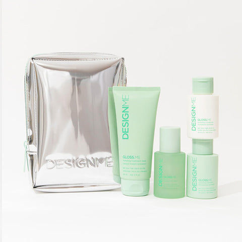 Coffret de fêtes GLOSS.ME de Design.Me, produits capillaires pour brillance et soin, présenté dans un emballage festif.