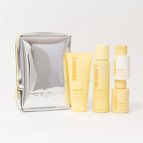 Coffret de fêtes pour cheveux Bounce.Me de Design.Me avec produits coiffants dans un emballage festif.