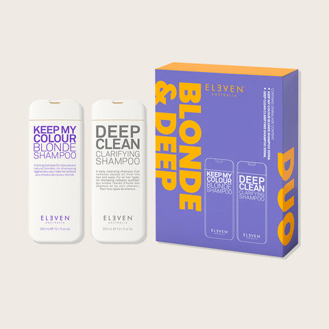 Shampoing duo Blonde et Deep Clean de Eleven Australia pour cheveux blonds, avec bouteilles et étiquettes visibles.