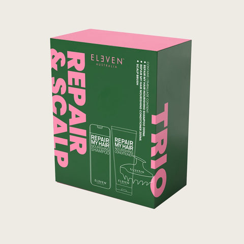 Trio de soins capillaires ELEVEN Australia Repair My Hair, produits pour réparer et renforcer les cheveux.