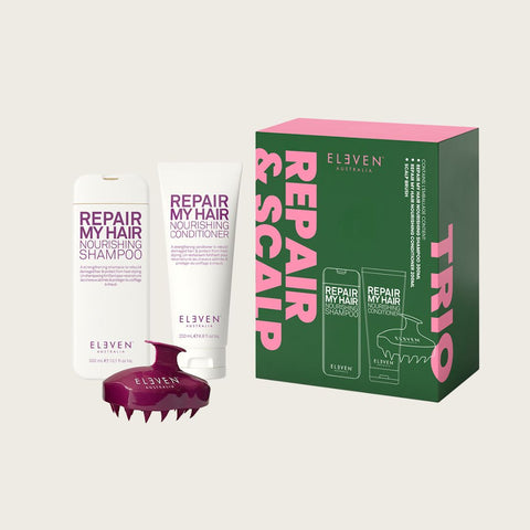 Trio de soins capillaires ELEVEN Australia Repair My Hair avec bouteille, flacon et tube pour nourrir et réparer les cheveux.