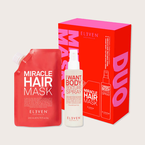 Sérum et texture pour cheveux ELEVEN Australia Duo Miracle et Texture, bouteille avec pompe pour soin capillaire.