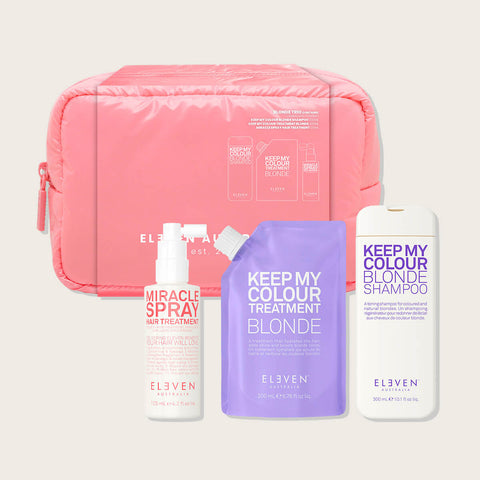 Coffret de fêtes Blonde d'Eleven Australia, produits capillaires pour cheveux blonds dans une élégante boîte cadeau.