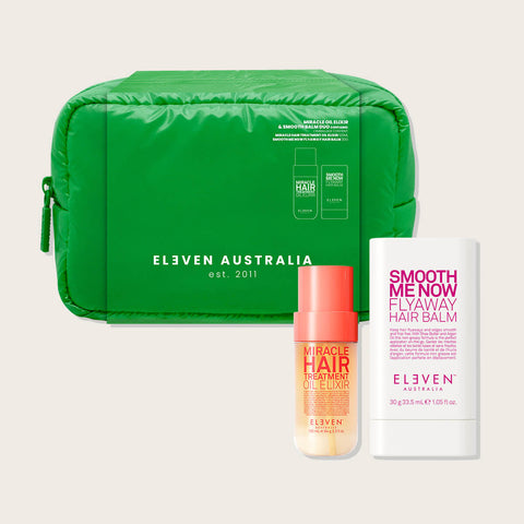 Coffret de fêtes Eleven Australia Miracle et Smooth Me pour cheveux, contenant des produits pour soin capillaire.