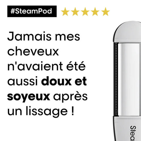 Offre L'Oréal Professionnel SteamPod 4 avec promotion spéciale, image montrant le fer à lisser électrique et accessoires.