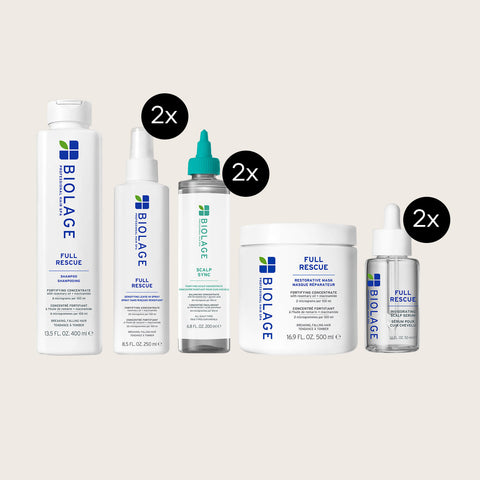 Offre de soin capillaire Biolage Rénovatrice pour le cuir chevelu, bouteille de produit blanche avec logo Biolage.