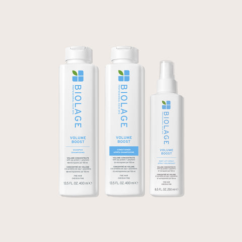 Offre Biolage : shampooing, revitalisant et spray Volume Boost pour cheveux volumisés, visible dans l'image.
