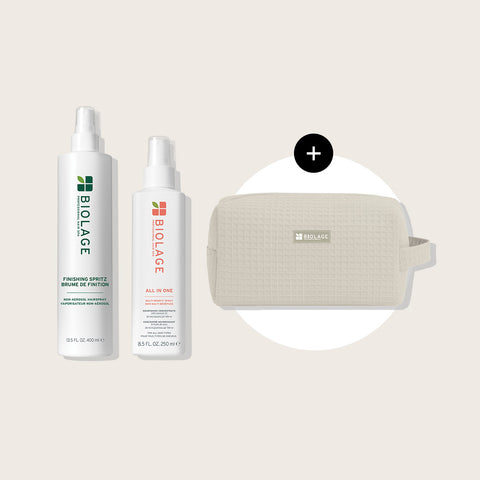 Offre Biolage avec 2 stylisants et une trousse gratuite, produits capillaires pour styling et soin capillaire.
