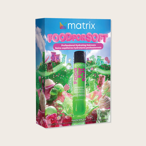 Coffret de fêtes Matrix pour cheveux, contient un produit food for soft de 300 ml, bouteille élégante et format pratique.