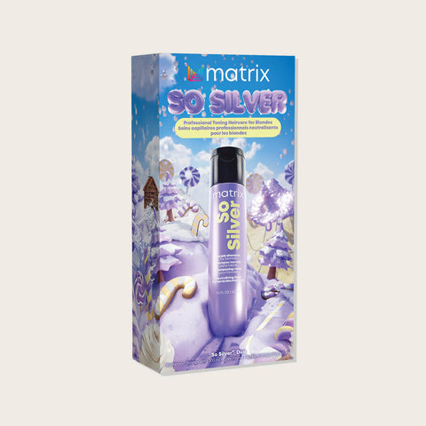 Coffret de fêtes Matrix So Silver pour cheveux, contenant 300 ml de soin pour cheveux argentés ou gris.