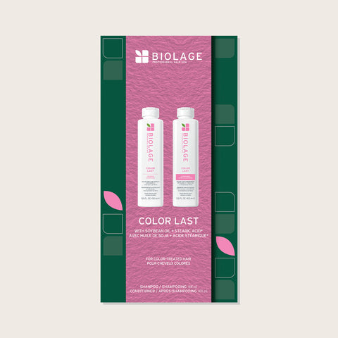 Coffret de fêtes BIOLAGE Color Last pour cheveux, contenant un flacon de 400 ml de soin capillaire pour couleur durable.