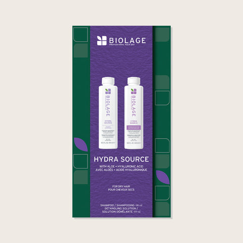 Coffret des fêtes Hydrasource de Biolage pour cheveux, contenant un produit de 400 ml, avec emballage élégant et design moderne