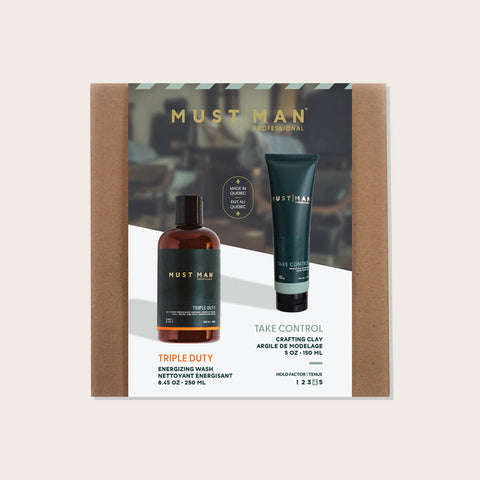 Gel coiffant Must Man Professional Duo Take Control pour cheveux, texture claire, flacon avec tube blanc et logo noir.