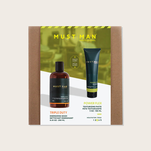 Gel coiffant Must Man Power Flex pour cheveux, tube noir avec logo, application visible sur mains et cheveux.