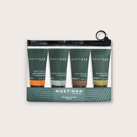 Trousse de voyage Must Man Professional Wash and Style pour cheveux, comprenant produits pour lavage et coiffage, en format pratique.