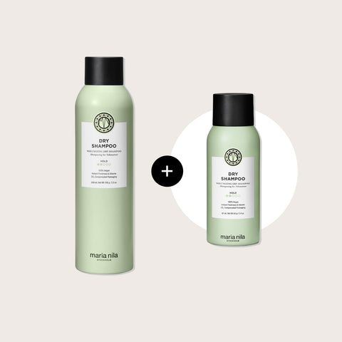Offre Maria Nila avec un shampoing sec Dry Shampoo et un format voyage gratuit, illustrant les produits capillaires.