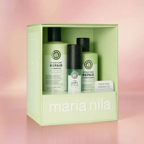 Coffret de soins capillaires Maria Nila Structure Repair avec shampooing et masque pour cheveux abîmés.