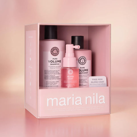 Coffret pour cheveux Maria Nila Pure Volume, comprenant des produits capillaires pour volume et soin capillaire.