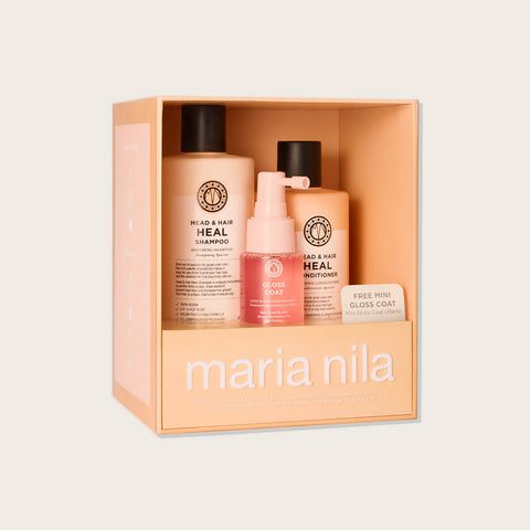 Coffret de fêtes Maria Nila Head & Hair Heal avec shampooing et traitement capillaire pour cheveux sains.