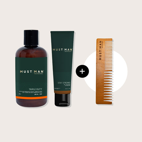 Offre promotionnelle Must Man Professional avec un shampooing triple duty, un produit stylisant et un produit gratuit.