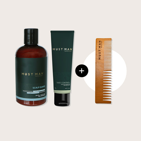 Offre Must Man Professional avec shampooing Scalp Guard, produit de stylisation et article gratuit, pour soin capillaire masculin.