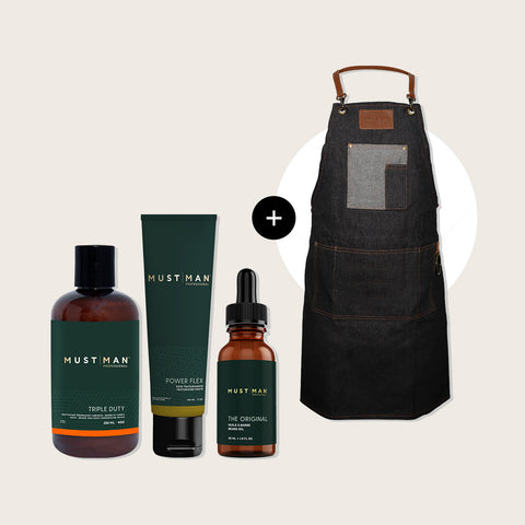 Offre promotionnelle Must Man Professional avec 3 produits réguliers et un tablier gratuit, image montrant les produits et le tablier.