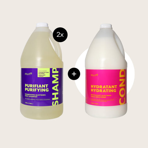 Offre Must52 : 2 gallons de shampooing et 1 gallon de revitalisant hydratant, produits capillaires pour cheveux sains et hydratés.