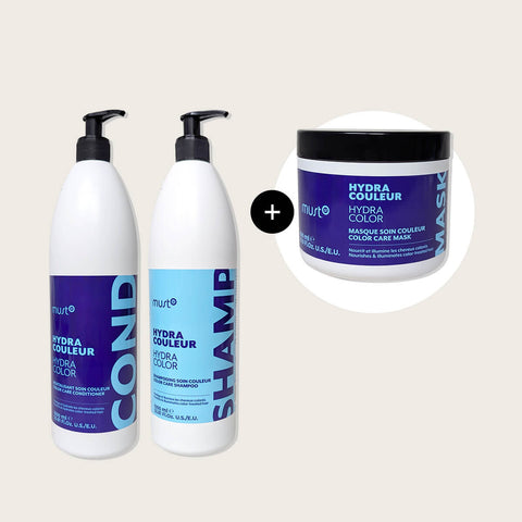 Offre Must52 avec un shampooing Hydra, un revitalisant Hydra et un masque gratuit pour cheveux hydratés et revitalisés.