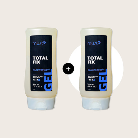 Offre Must52 : 1 gel Total Fix avec un gel Total Fix gratuit, produits coiffants pour fixation forte, emballage visible.