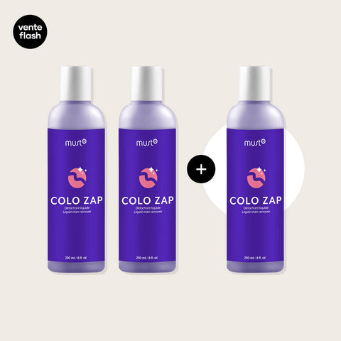 Offre Must52 : 2 produits réguliers et un détachant liquide Colozap 250 ml gratuit, emballage et produits visibles.